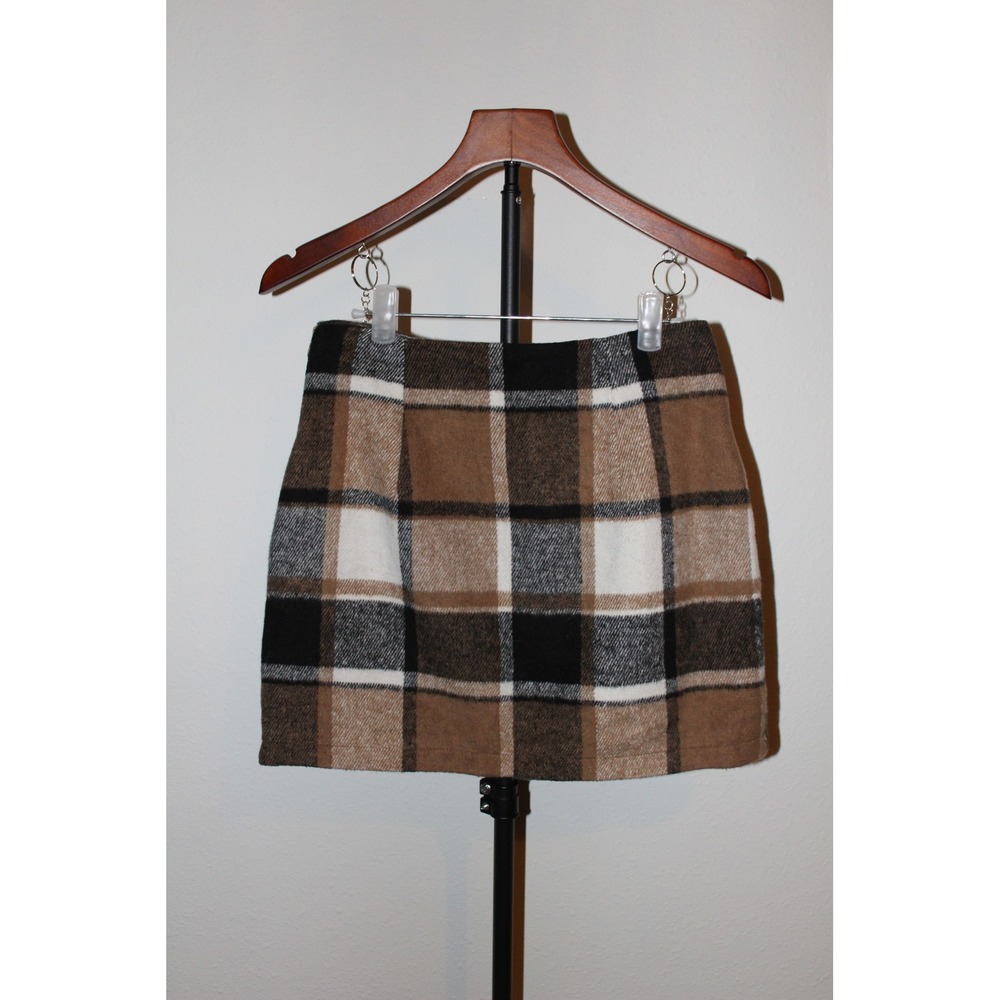Brown Plaid Wool Blend Flannel Mini Skirt High Waisted Side Zip‎ XS